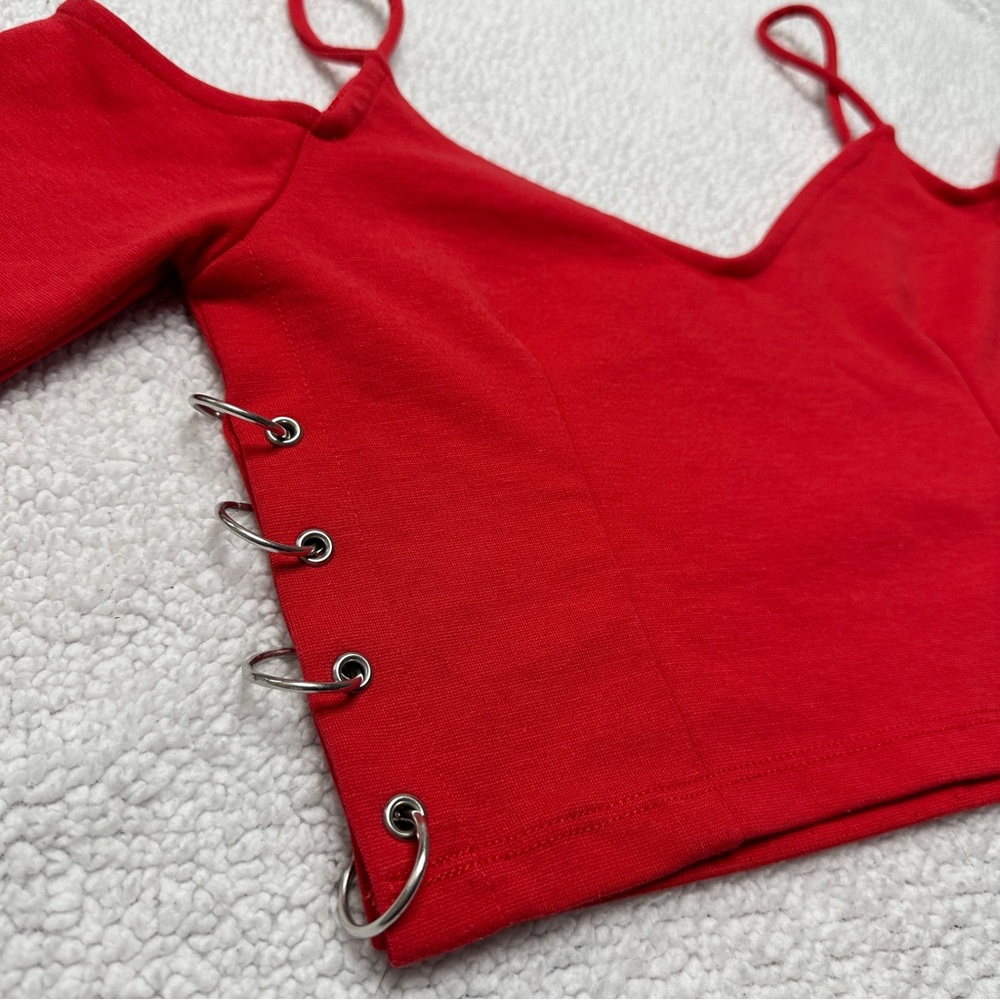 Women’s Red Topshop Cropped Top Cold Shoulder Spaghetti Strap V neck - Picture 6 of 14